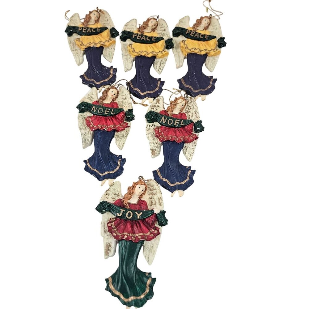 Angel Ornaments Set of 6 Peace Joy Noel Resin Christmas Holiday Decorations